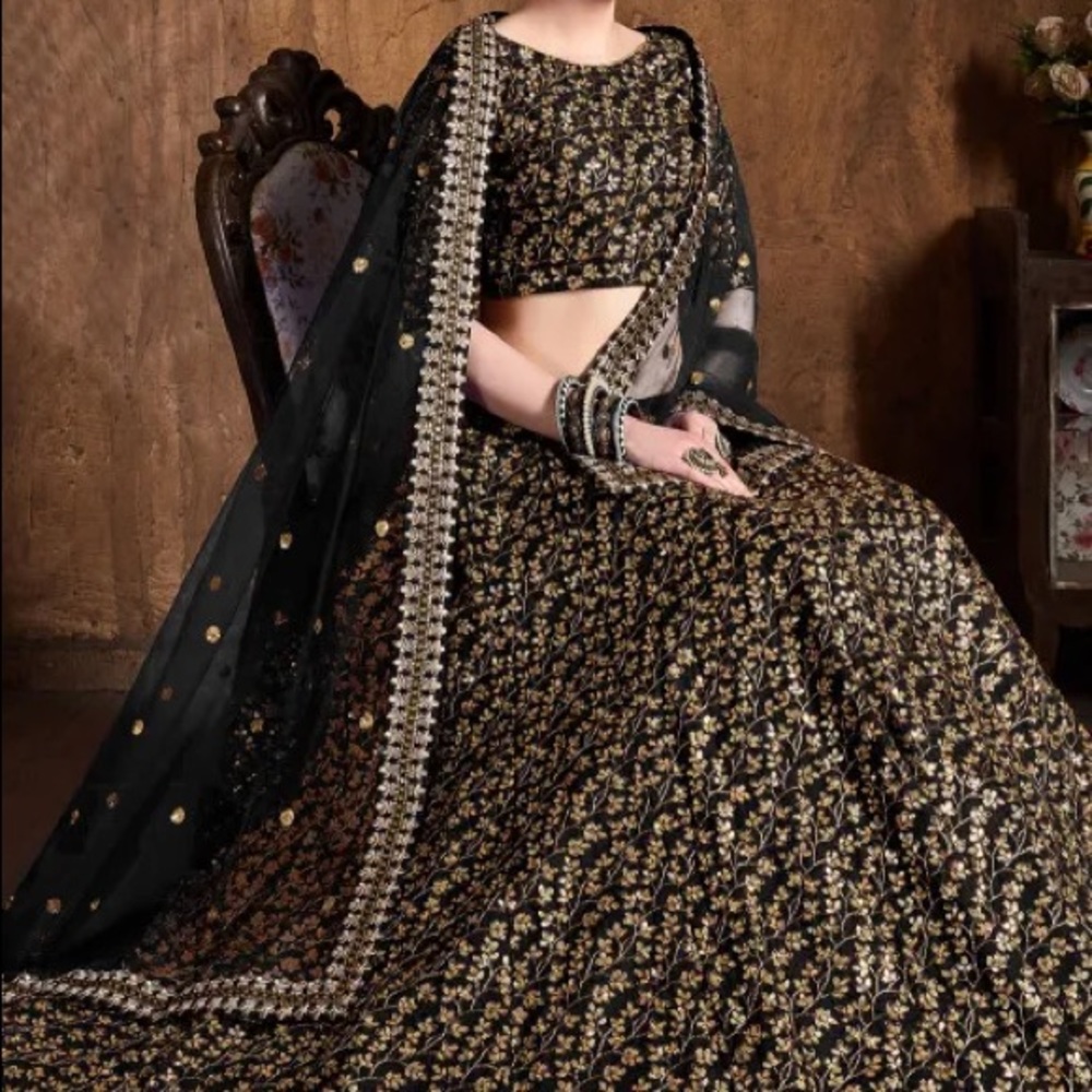 Embroidered Art Silk Lehenga in Black